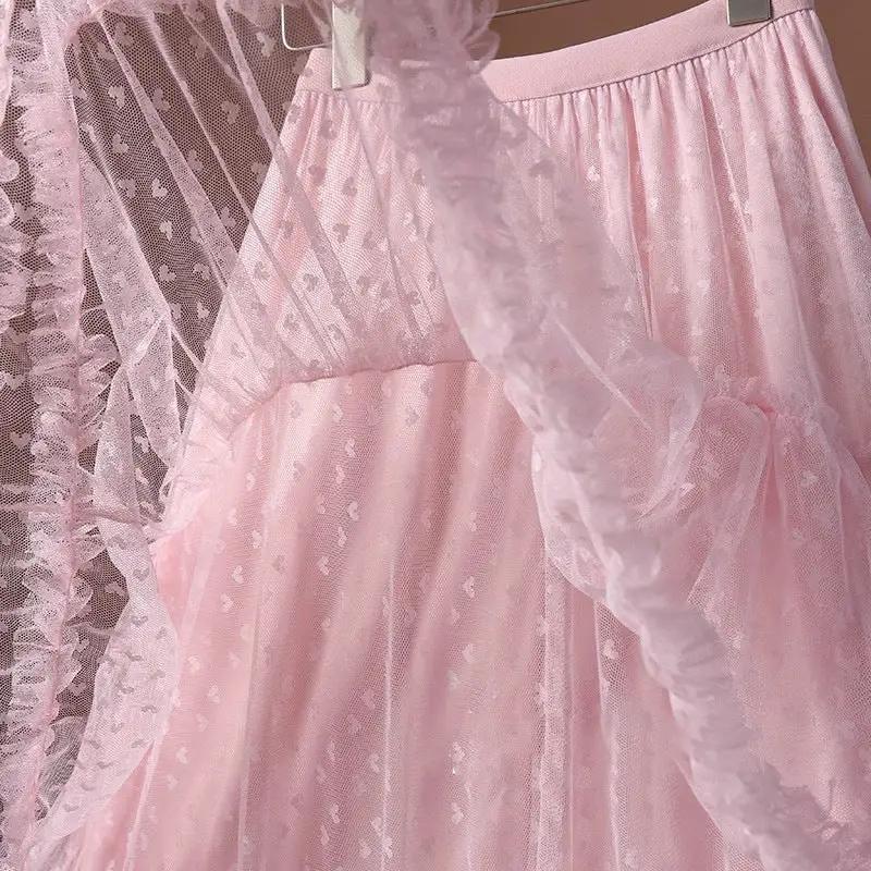 Women's pink mesh heart-printed A-line skirt with elastic waist and tulle overlay