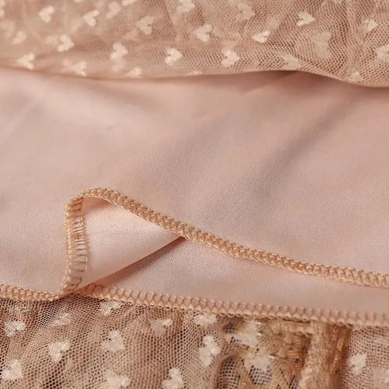 2026 mesh heart-printed skirt for women with elastic high waist and satin lining in peach