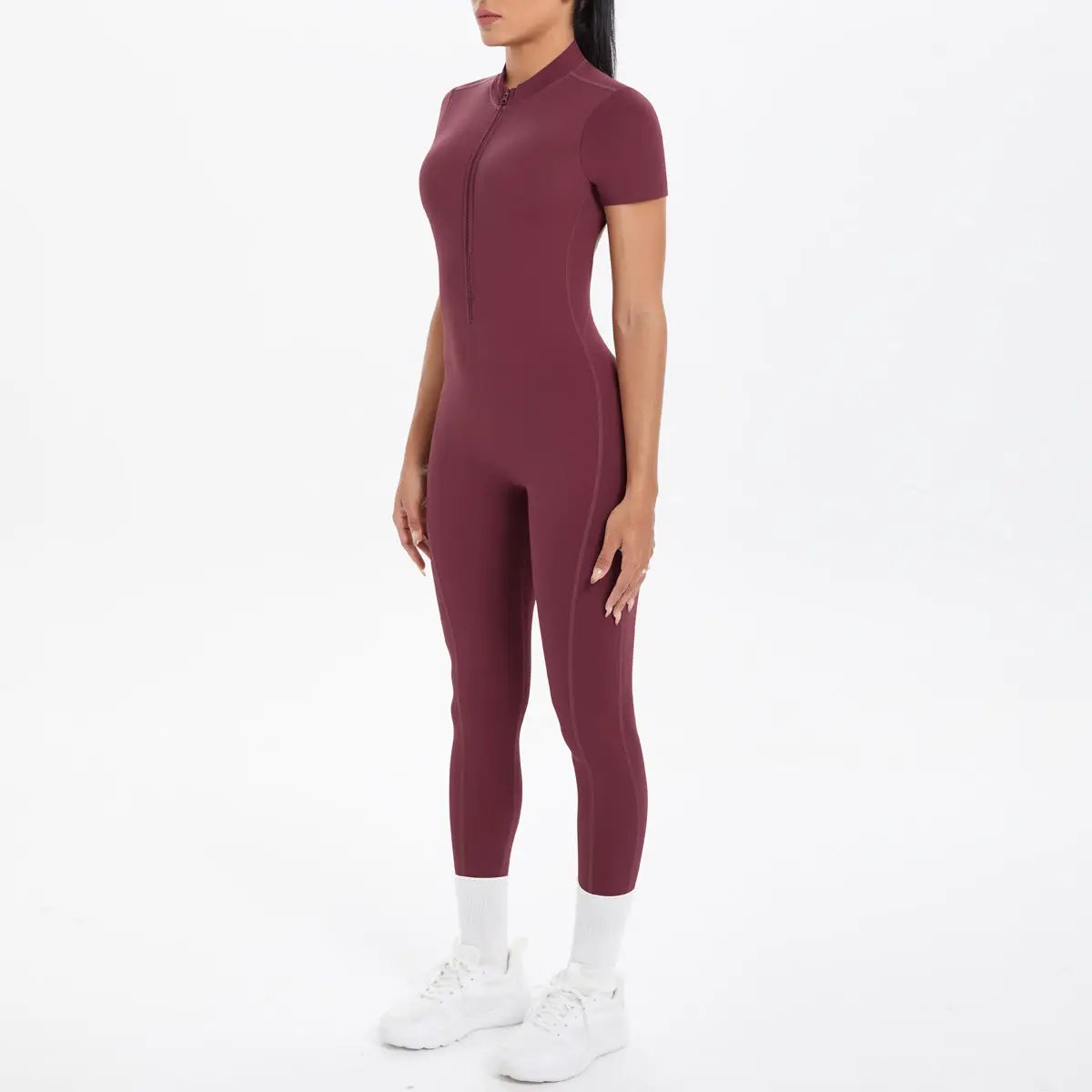 Jumpsuit maroon bodycon scrunch with front zipper for women's dance fitness