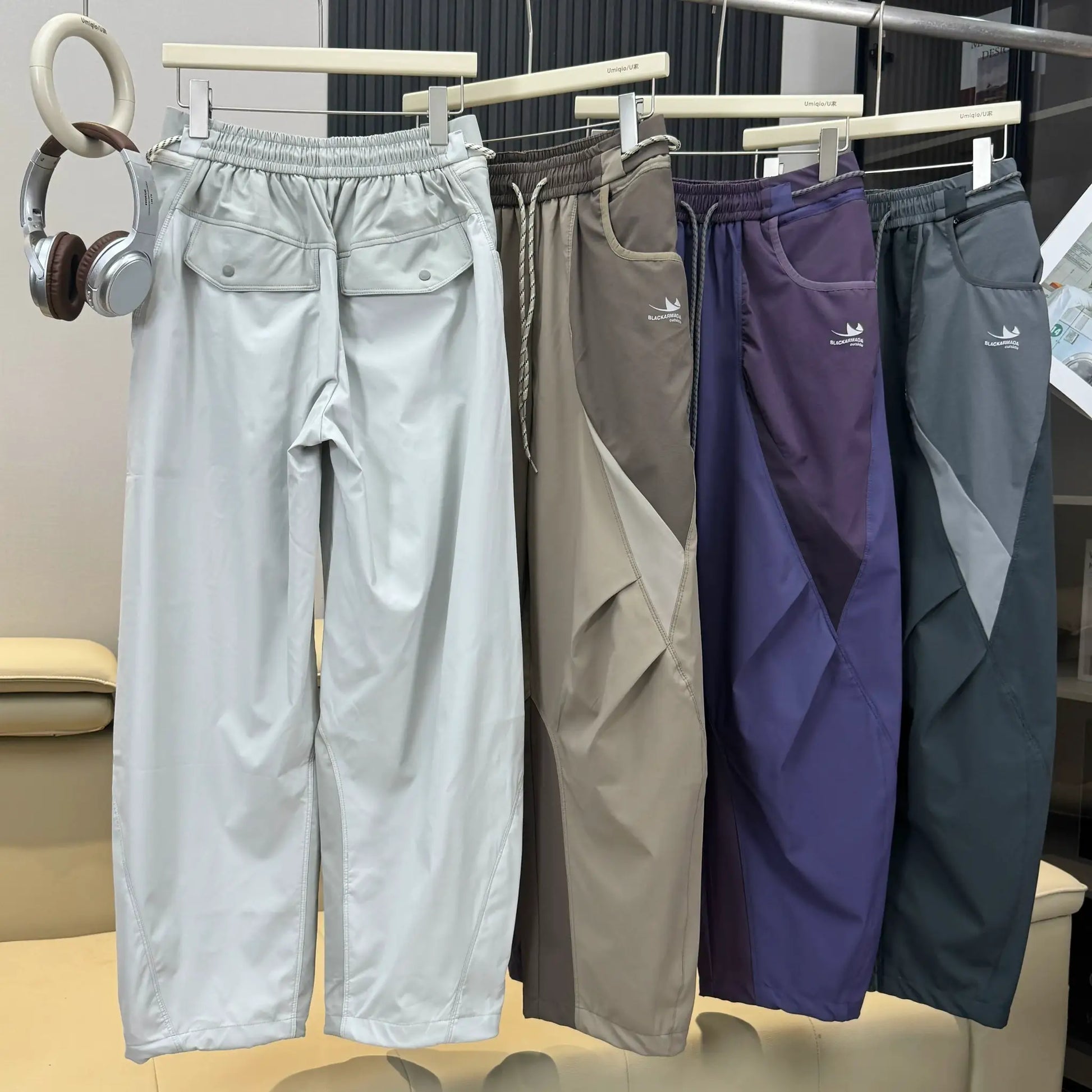 Men's cargo pants, lightweight quick-dry, loose wide-leg techwear; gray and other colors, six total, Black Armada logo.