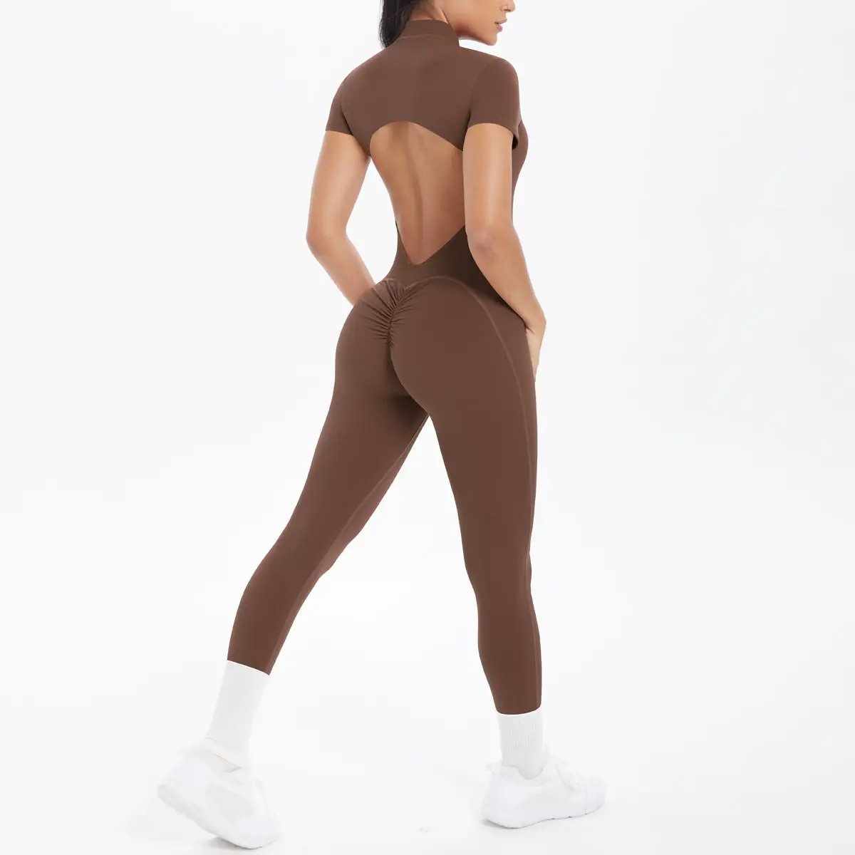 Jumpsuit brown backless bodycon scrunch design for women, dance fitness overalls