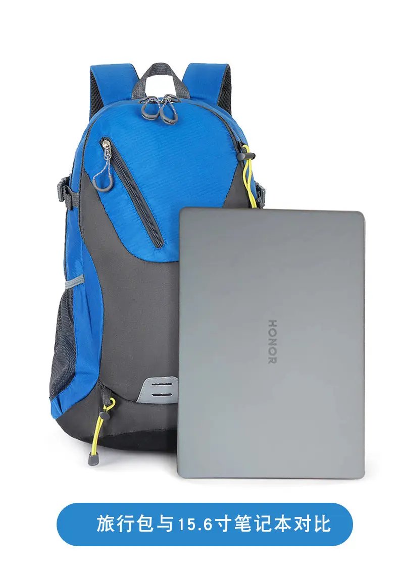 Classic 40L outdoor backpack in blue and gray with front diagonal zip pocket and yellow zipper pulls