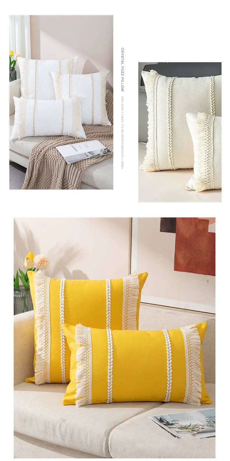 Bohemian pillowcase set of 7 decorative covers in white, beige, and yellow with knitted tassel trims for living room decor