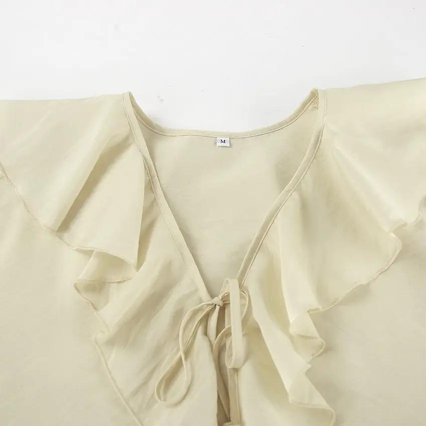 Tornova Womens Ruffled Shorts Sets V Neck Lace Up Shirt Spring Casual