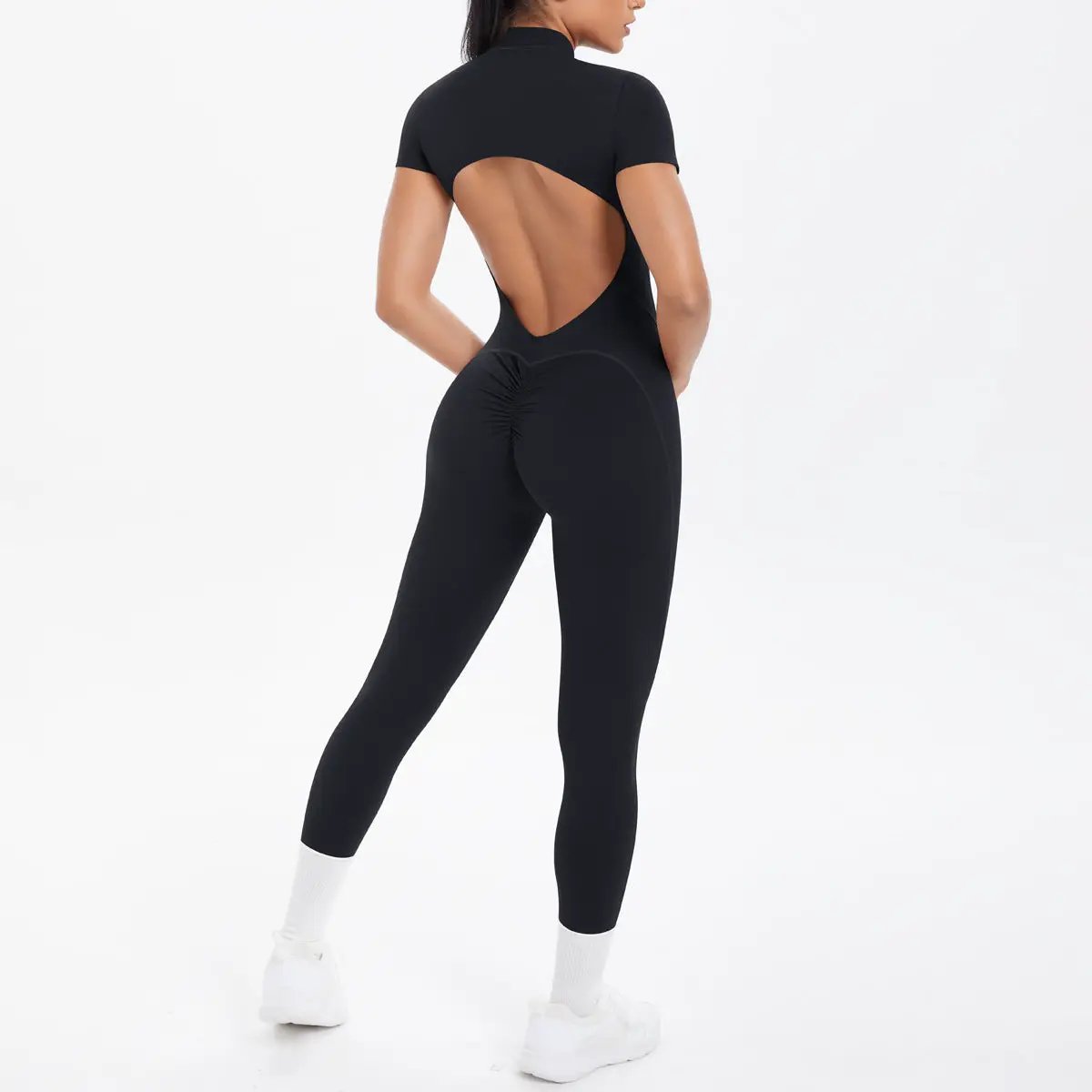 Backless bodycon scrunch jumpsuit, black, for dance and fitness with open-back cutout and butt-scrunch design