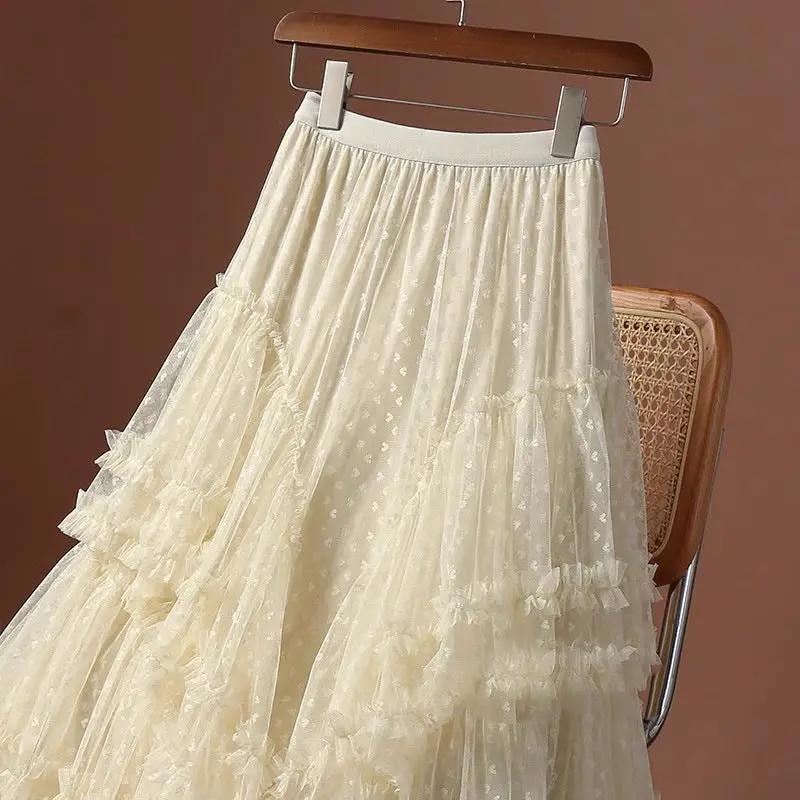 Women’s long ivory mesh heart-printed tulle skirt with elastic high waist and tiered ruffles Simples Market