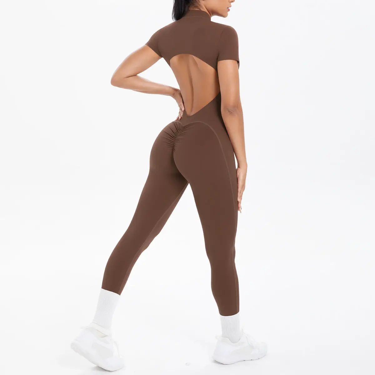 Brown backless scrunch jumpsuit for women, bodycon fitness jumpsuit with open back and ruched butt.