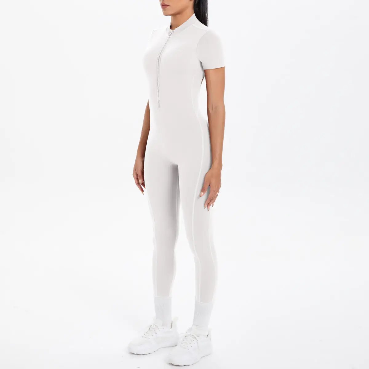 Backless bodycon scrunch jumpsuit for dance and fitness by Simples Market, white