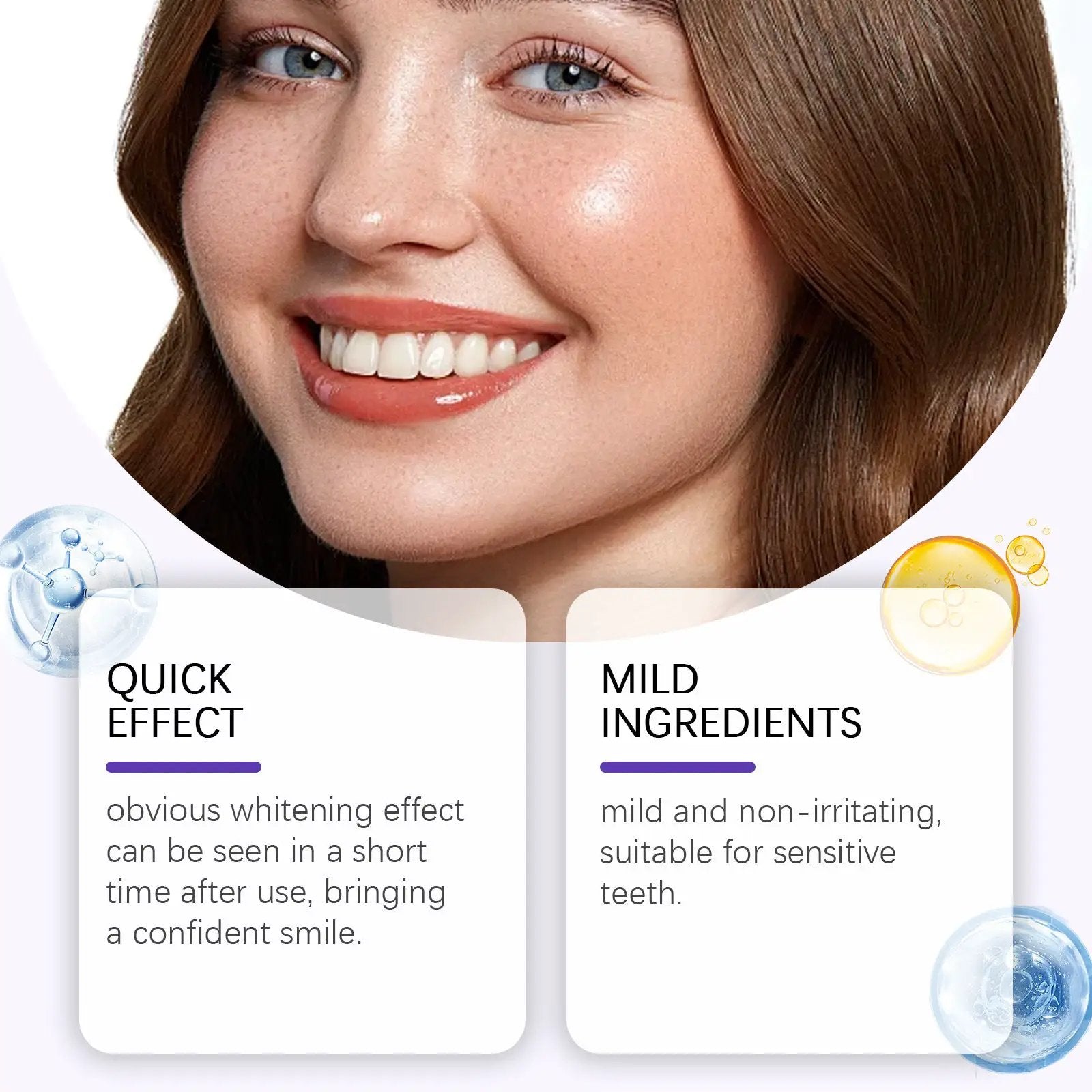 Teeth whitening strips by Simples Market; woman shows a bright white smile