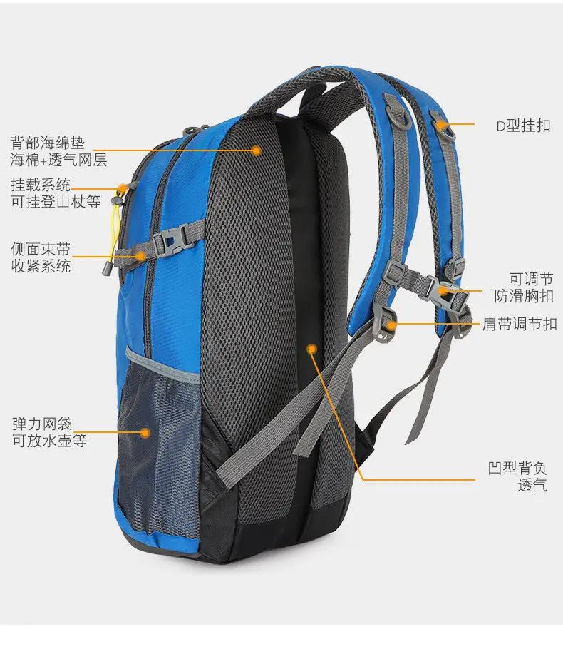 Classic 40L outdoor backpack blue waterproof travel bag by Simples Market with breathable mesh back and multiple pockets