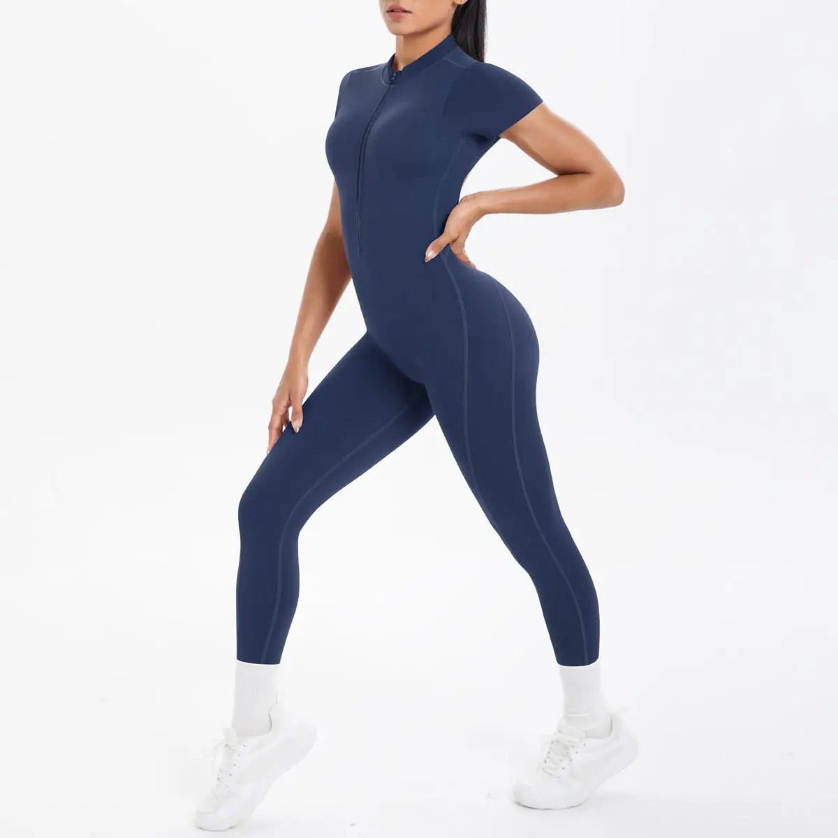 Backless bodycon scrunch jumpsuit, navy, with chest cushion, by Simples Market, for dance and fitness