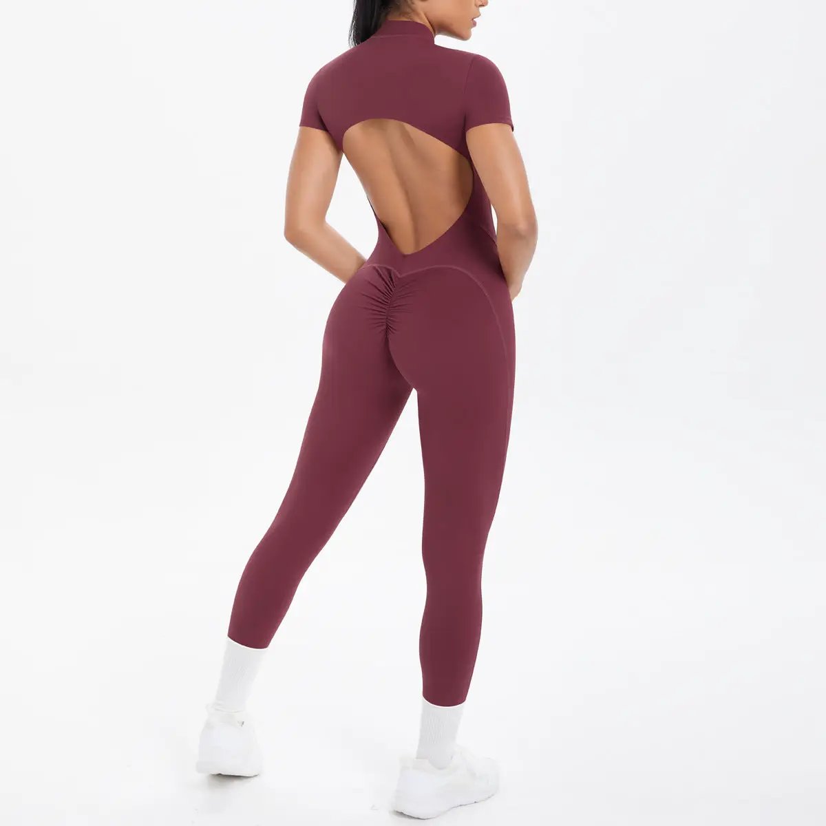 Simples Market maroon backless bodycon scrunch jumpsuit for women with open back