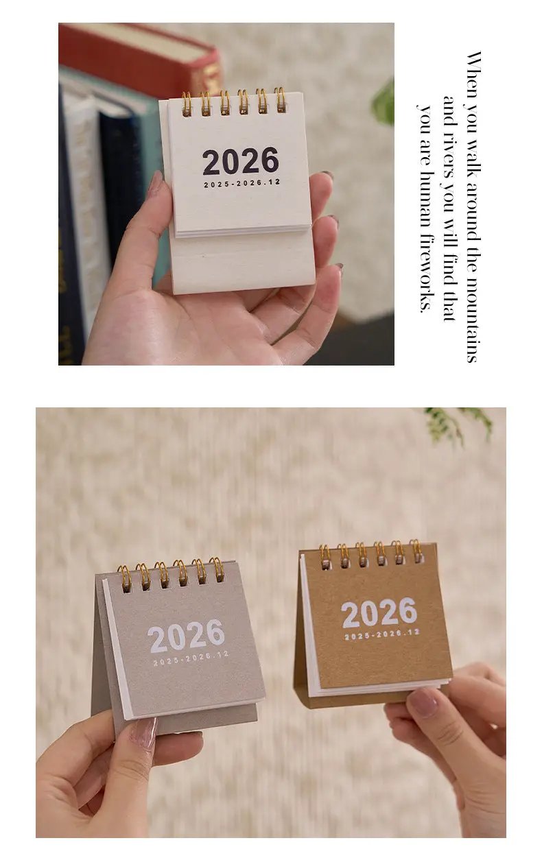 Mini desk calendar set with 3 coil-bound calendars in white, gray, and brown cardboard.