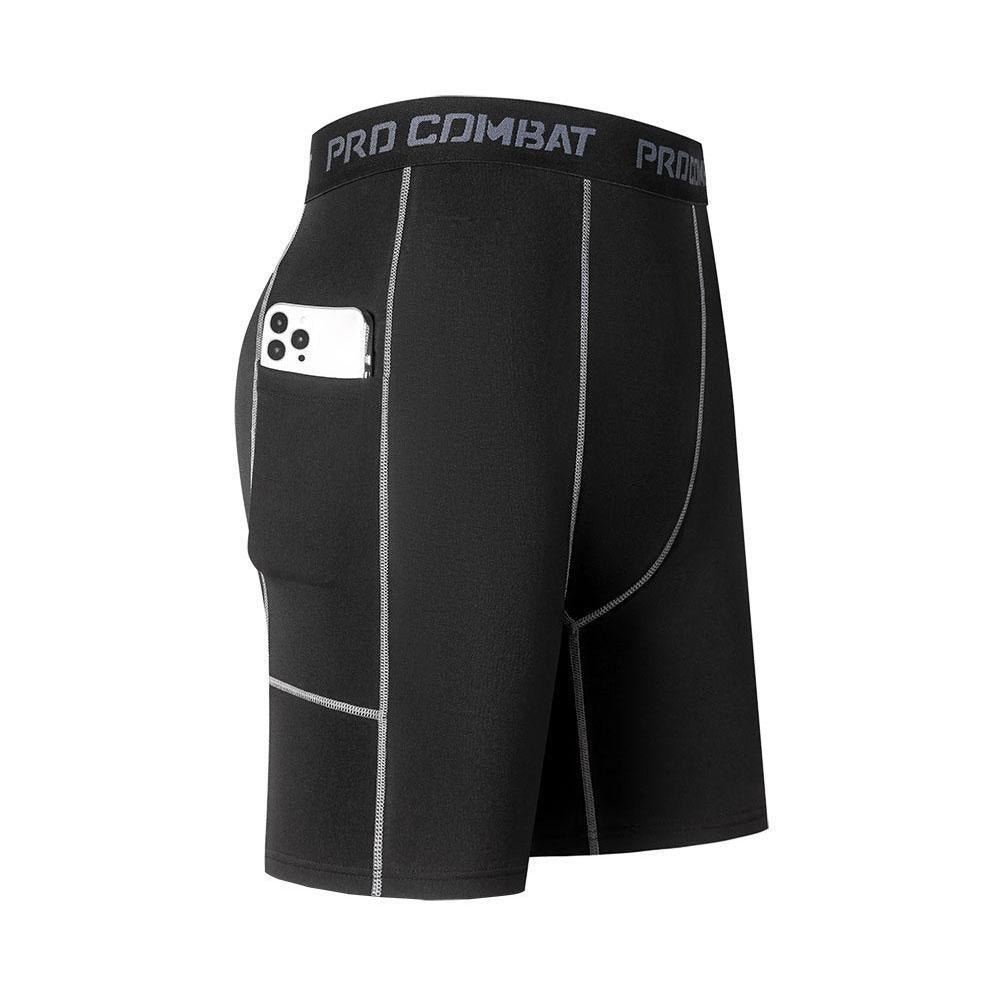 Men's black compression shorts with pocket by Simples Market, quick-dry stretch fabric and gray stitching.