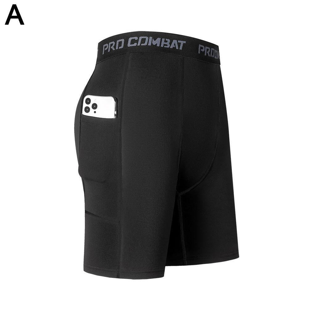 Black Pro Combat men's compression shorts with side pocket; quick-dry, breathable stretch fabric, Simples Market.