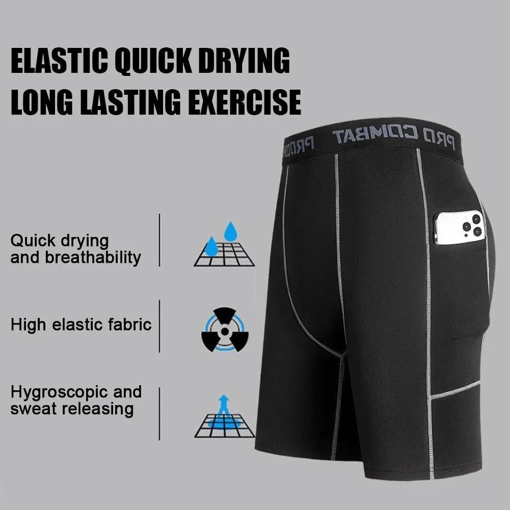 Men's compression shorts with pocket by Simples Market; black, quick-dry breathable base layer for cycling and gym.