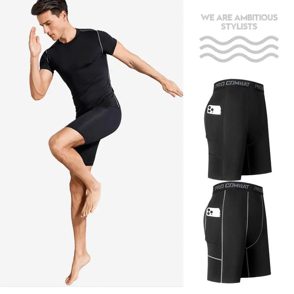 Two pairs of black men's Pro Combat compression shorts with pockets, quick-dry breathable fabric