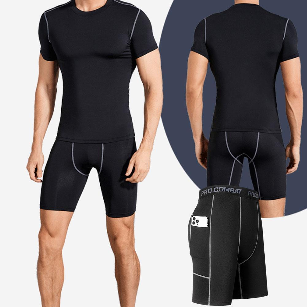 Men's black compression shorts with phone pocket; quick-dry, breathable base layer for cycling and gym
