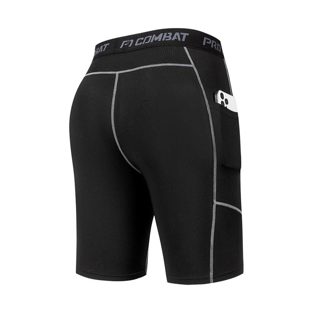 Men's Pro Combat compression shorts with pocket in black, quick-dry breathable stretch fabric.