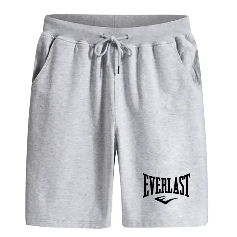 Men's gray knee-length boxing training shorts with Everlast logo and drawstring waist