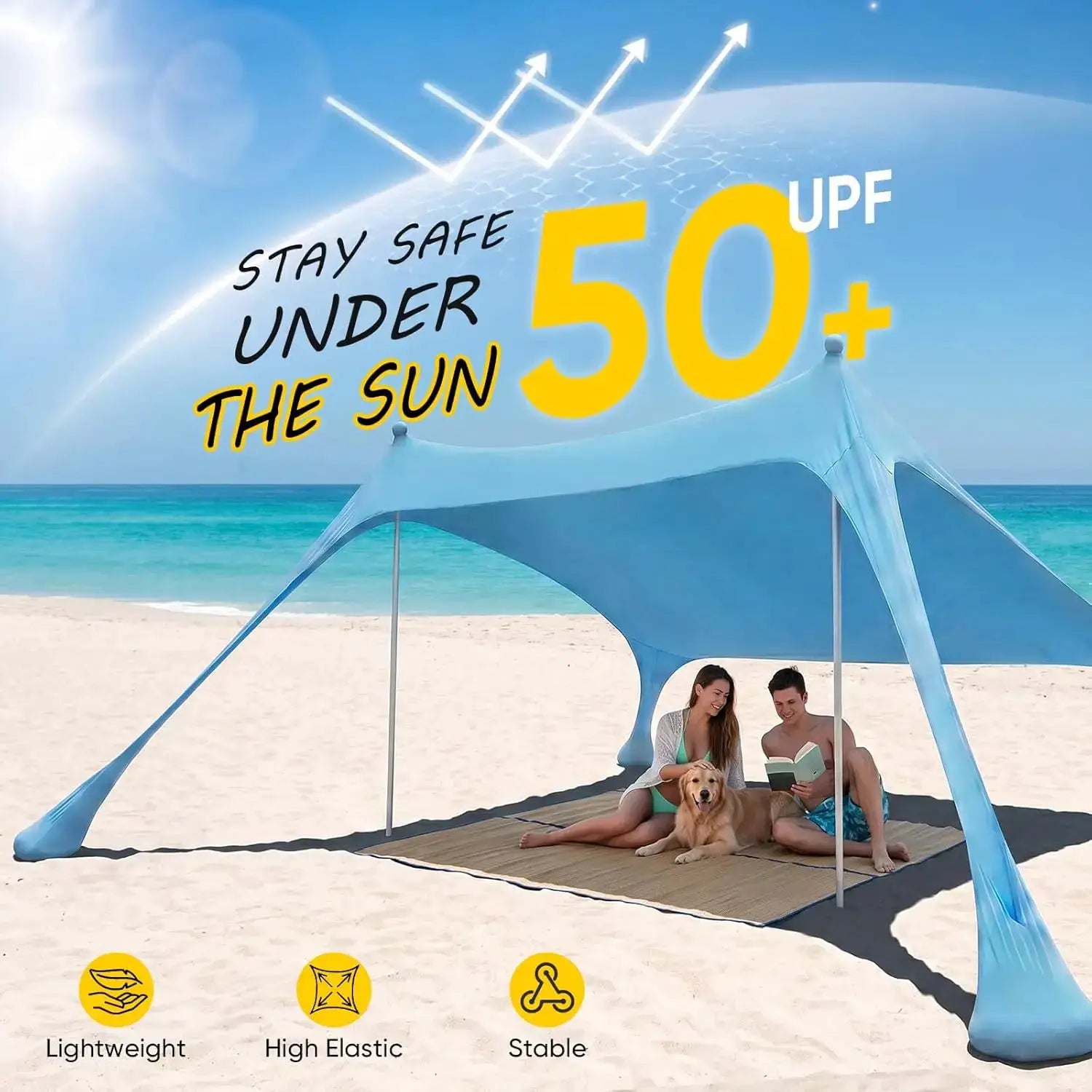 Simples Market blue windproof pop-up beach canopy tent with 50+ UPF shade; couple and dog under it