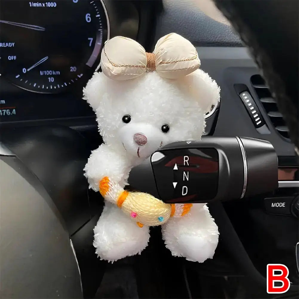 Pilot Bear plush car gear shift ornament; white teddy with beige bow and orange accents