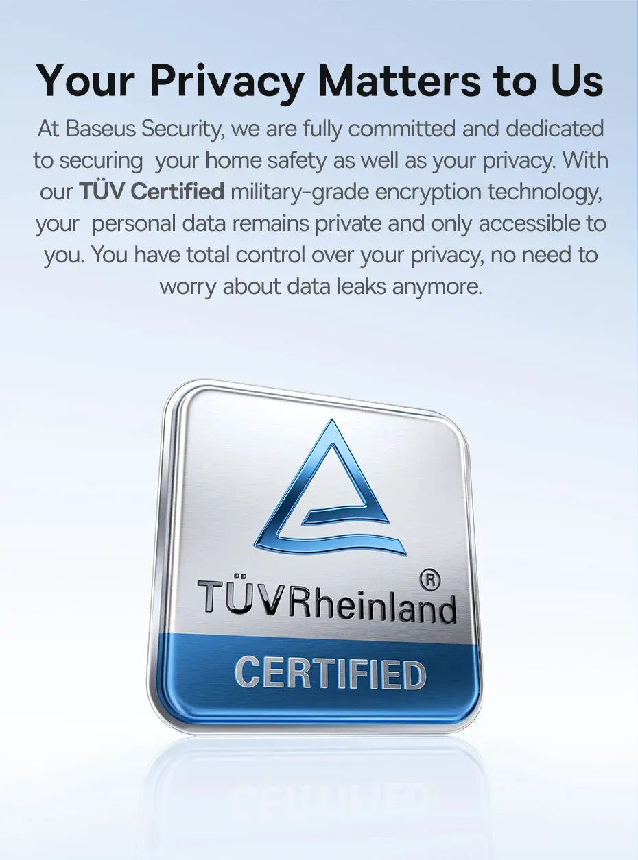 Baseus Security S1 outdoor camera promotional banner with privacy message and TÜV Rheinland CERTIFIED emblem