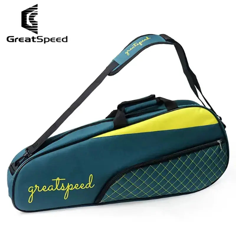 GreatSpeed racket bag for tennis and badminton, teal with yellow accents and a shoulder strap