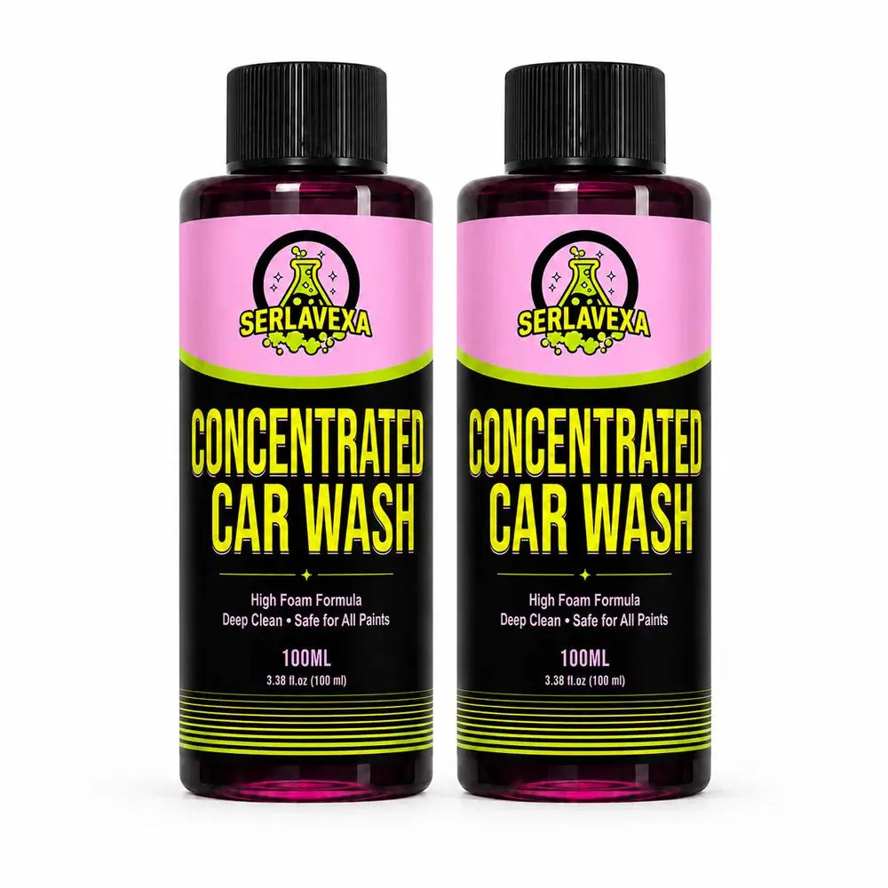 SERLAVEXA Concentrated Car Wash bottles, pink label with neon yellow text, 100 ml each (pair)