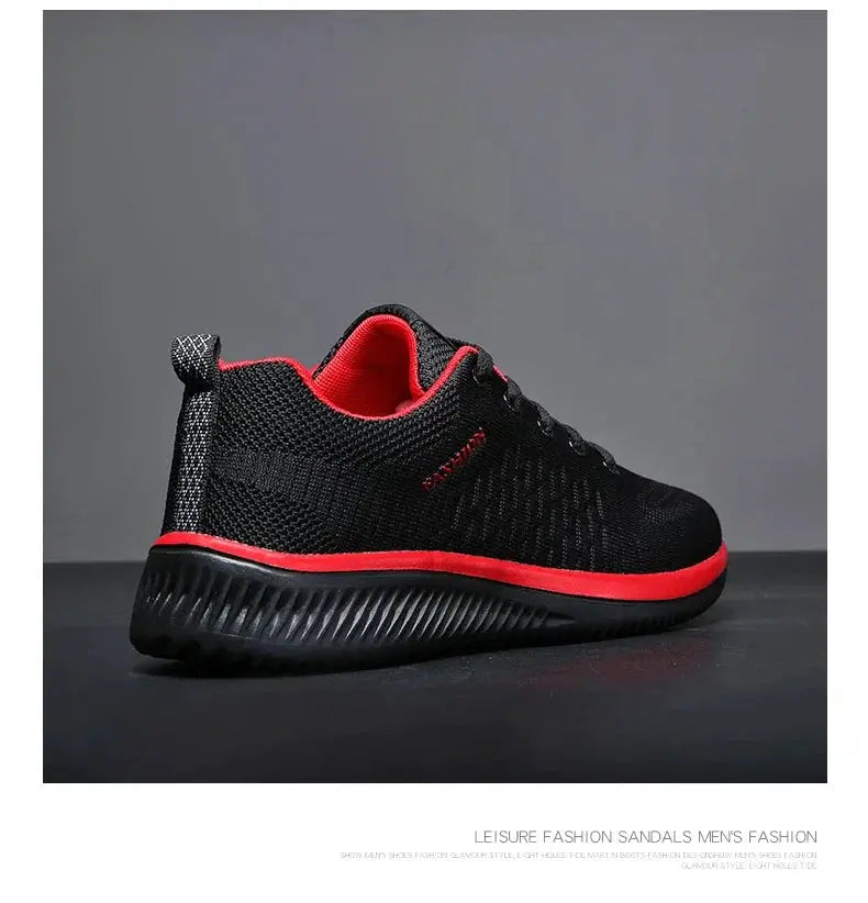 Simples Market men's knit running sneakers, black with red trim and breathable mesh upper