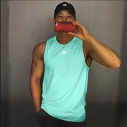 Men's teal bodybuilding gym tank top with white logo by Simples Market