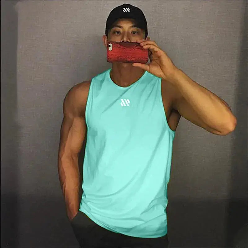 Men's teal bodybuilding gym tank top with white logo by Simples Market
