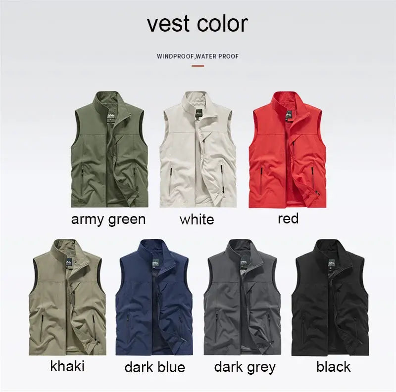 Simples Market men's windproof sleeveless vest in seven colors: army green, white, red, khaki, dark blue, dark grey, black.