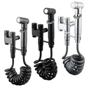 Simples Market toilet bidet sprayer set with dual outlets, handheld hoses; set of 3 in black, gray and chrome.