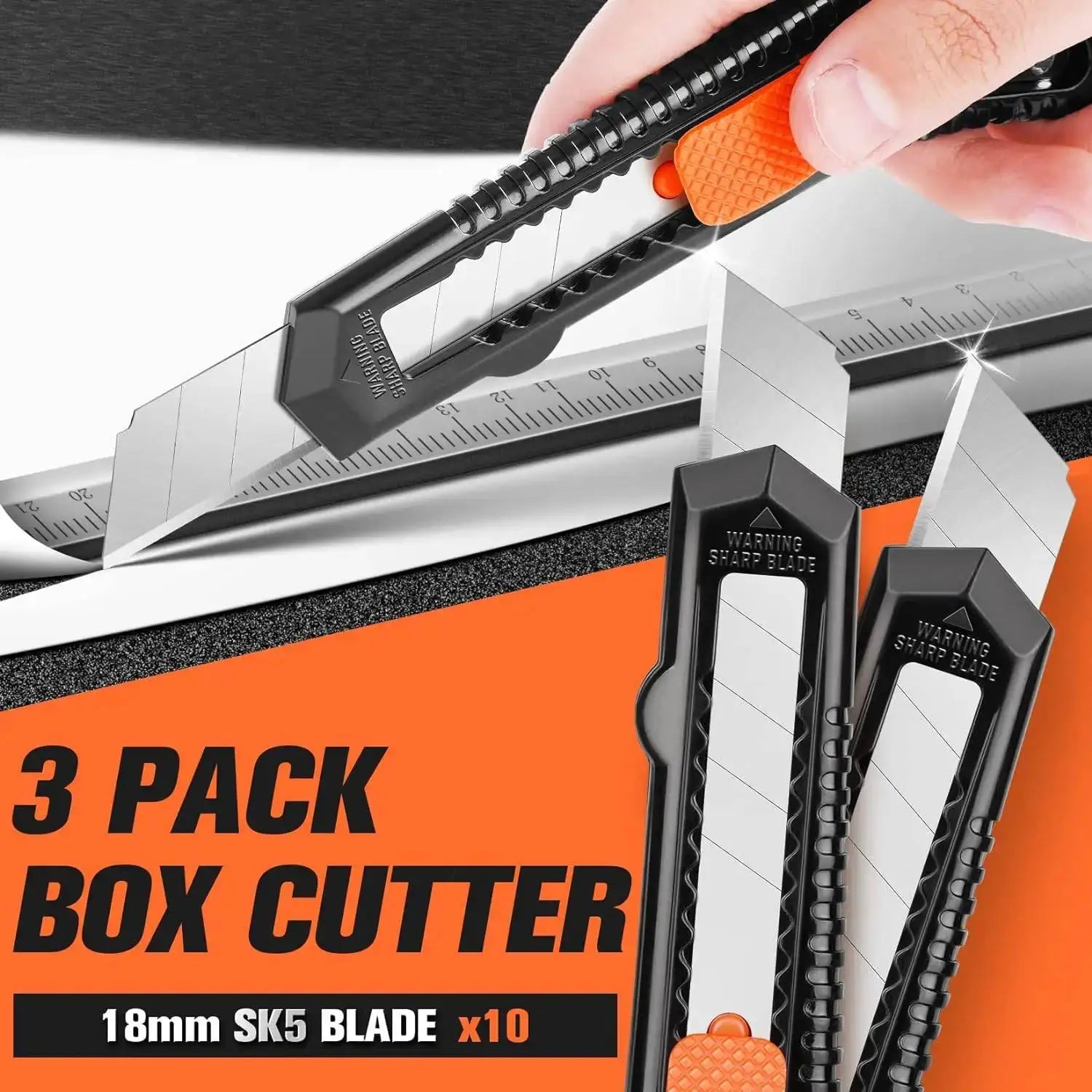 3 Pack Retractable Box Cutter Utility Knife Set With 18mm Wide Blades For Cartons Cardboard And Boxes