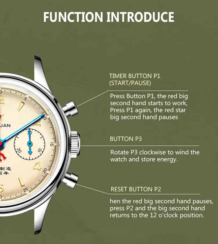 Red Star 38mm men's chronograph watch with beige dial, blue hands, stainless steel case