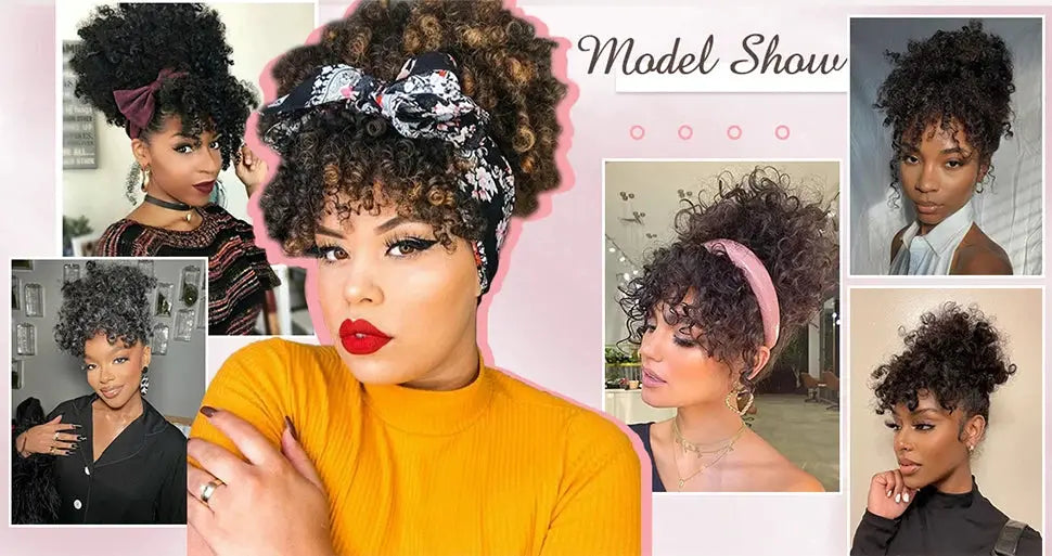 Afro Puff Kinky Curly Hair Updo Ponytail Extension with Bangs, black synthetic drawstring ponytail by Simples Market