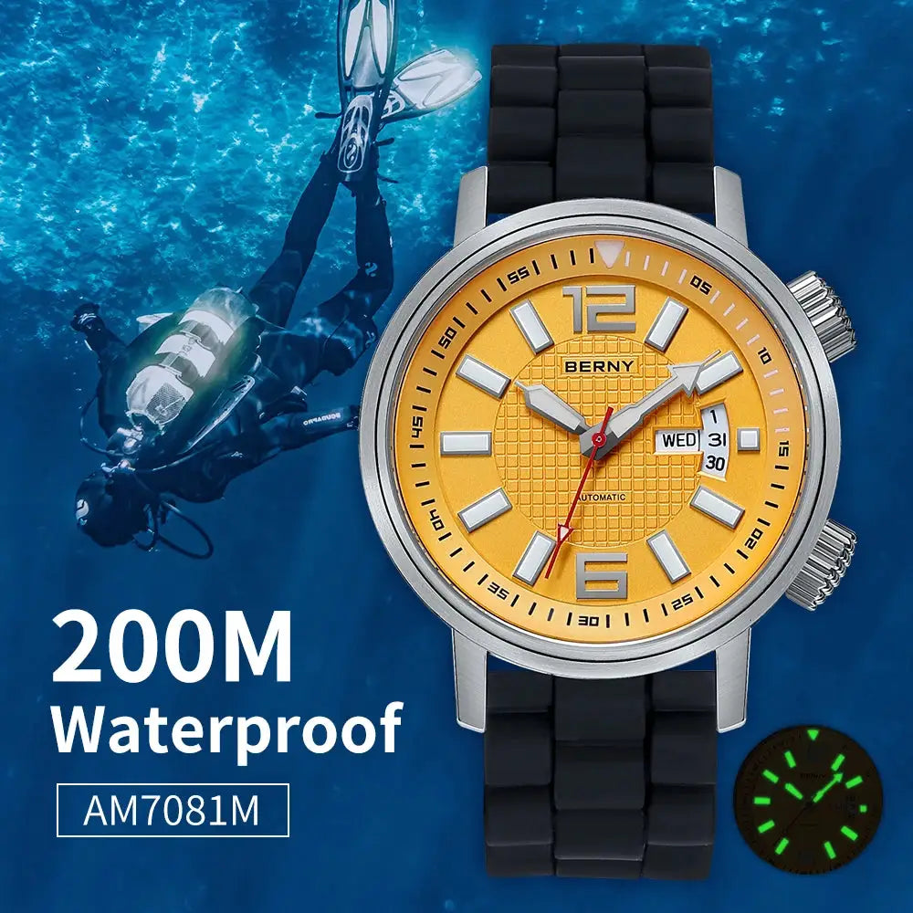 BERNY 200M diver automatic watch for men with orange dial, black strap, luminous hands