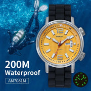 BERNY 200M diver automatic watch for men with orange dial, black strap, luminous hands