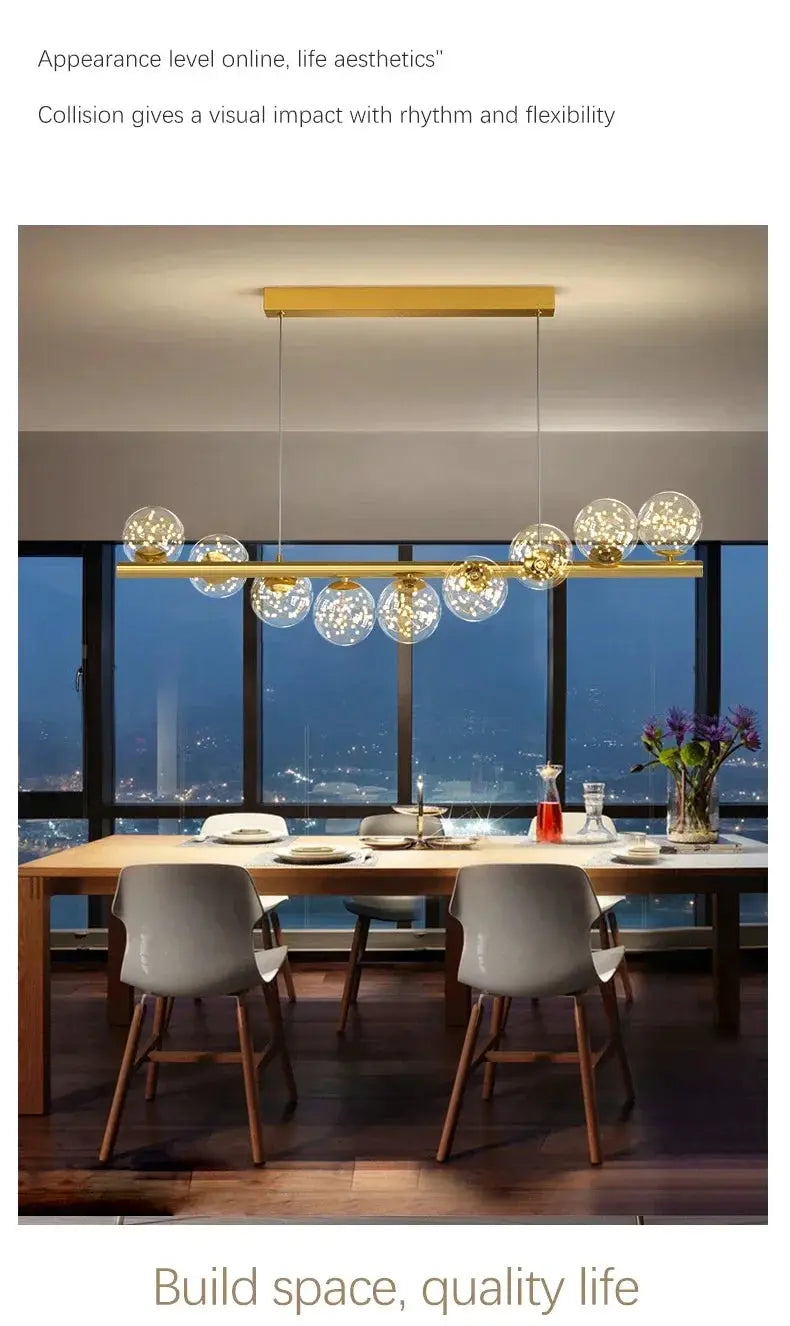 Nordic ceiling chandelier with gold finish and clear glass globe bulbs for dining room or kitchen.