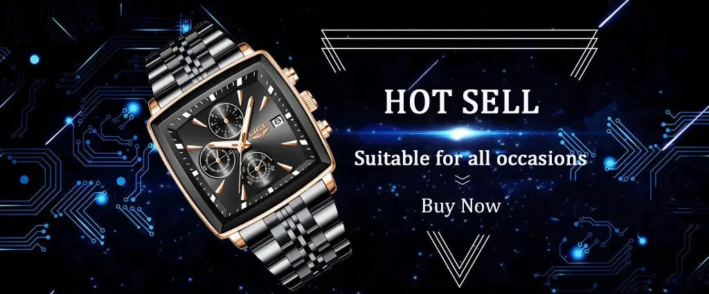 LIGE men's square-dial stainless steel watch with black dial, rose-gold bezel, chronograph, waterproof