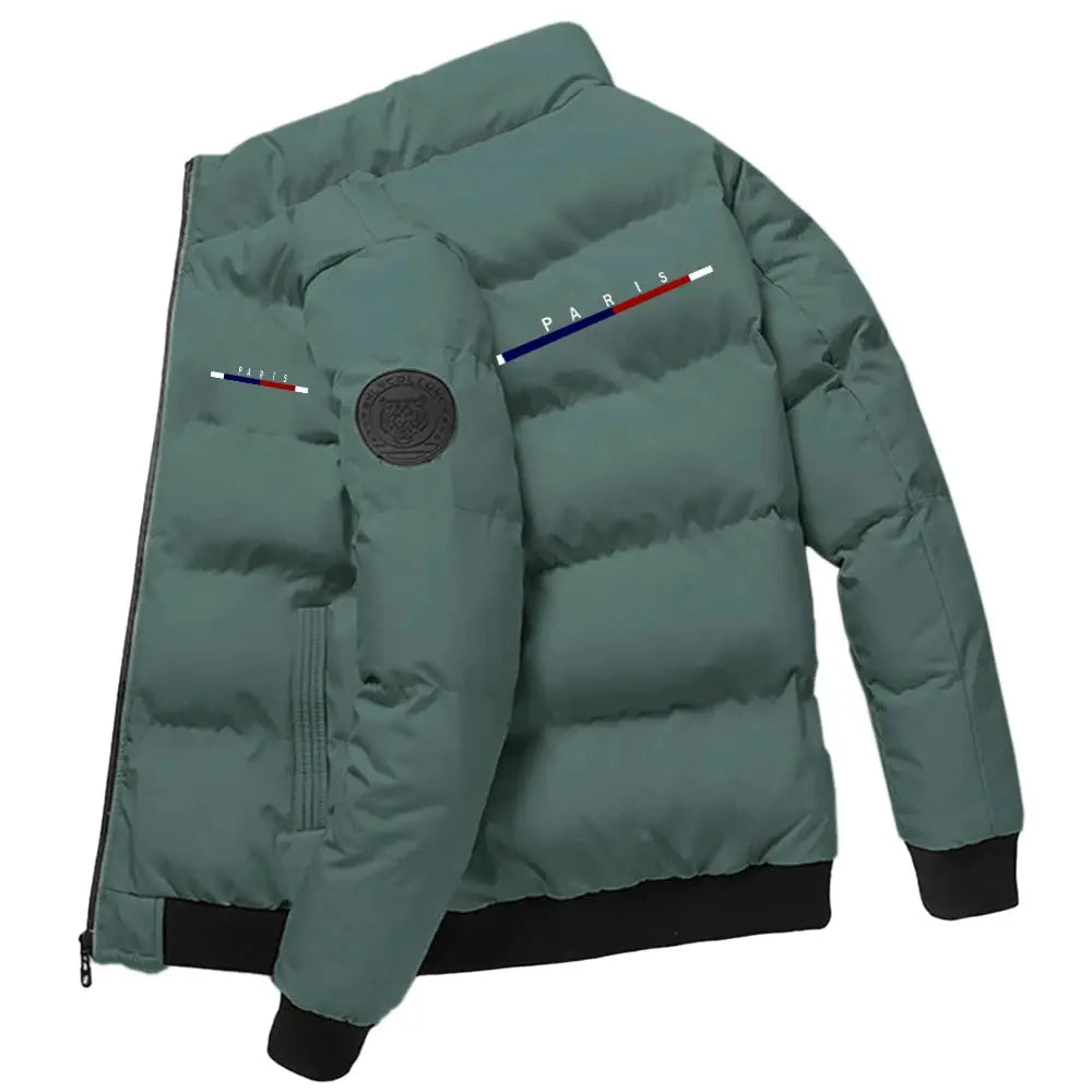 Men's Parker down jacket by Simples Market in teal, thick puffer with logo patch and front zip pockets