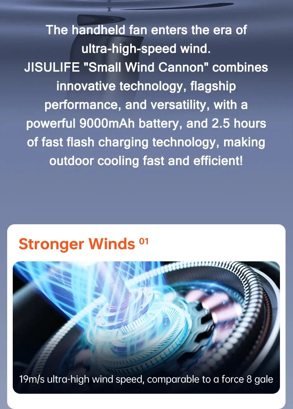 JISULIFE Portable Turbo Handheld Fan with 9000mAh battery, LED display, and 100 speed settings for outdoor camping
