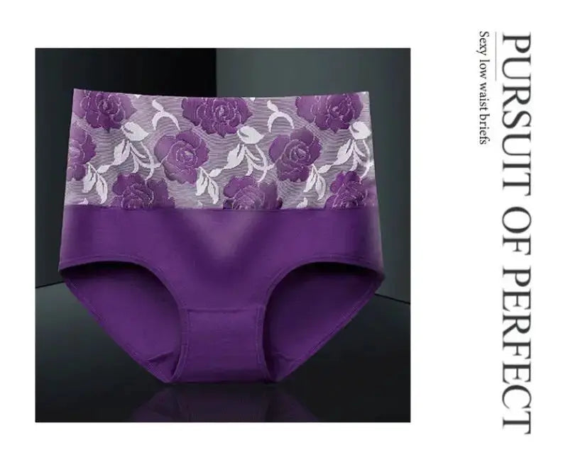 High-waist purple panty with floral lace waistband; Pursuit of Perfect