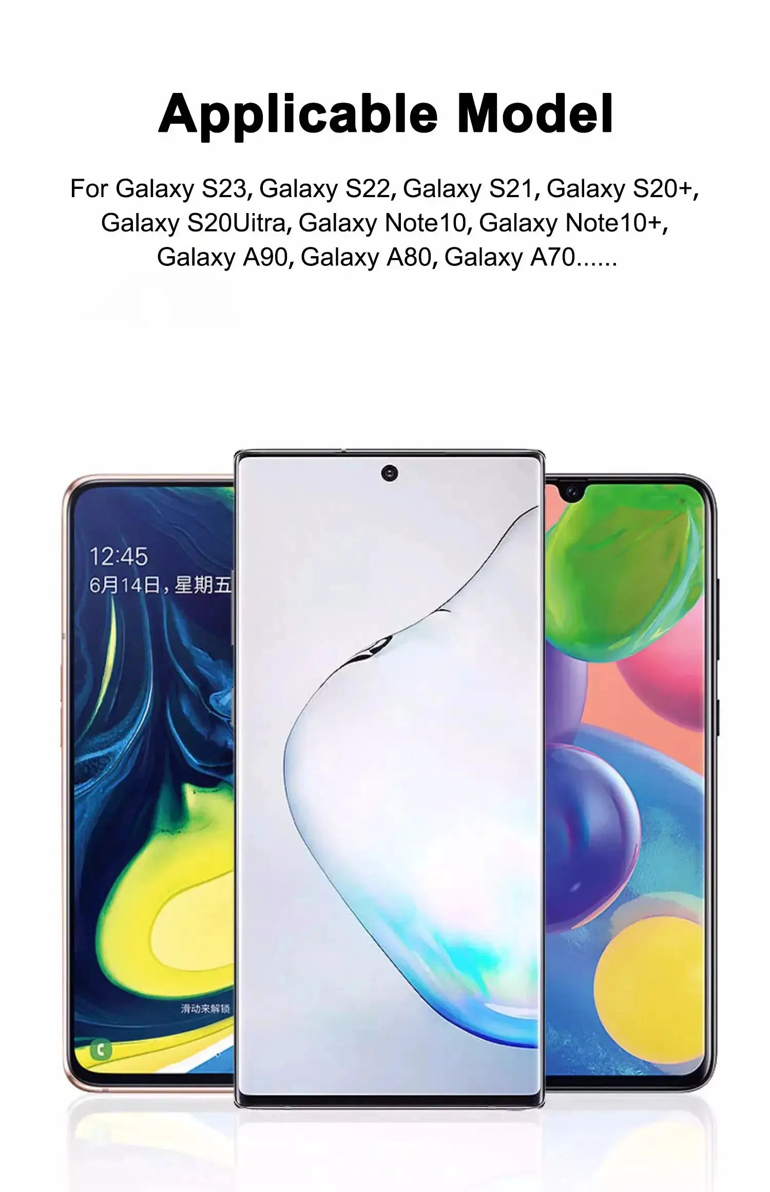 3 Samsung Galaxy smartphones in rose-gold, silver and black, shown from front and back in an overlapping display.
