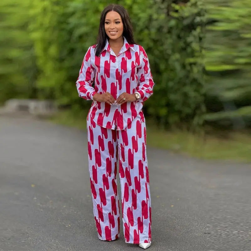 African Stripe Two Piece Set Women Spring Button Top Wide Leg Pants