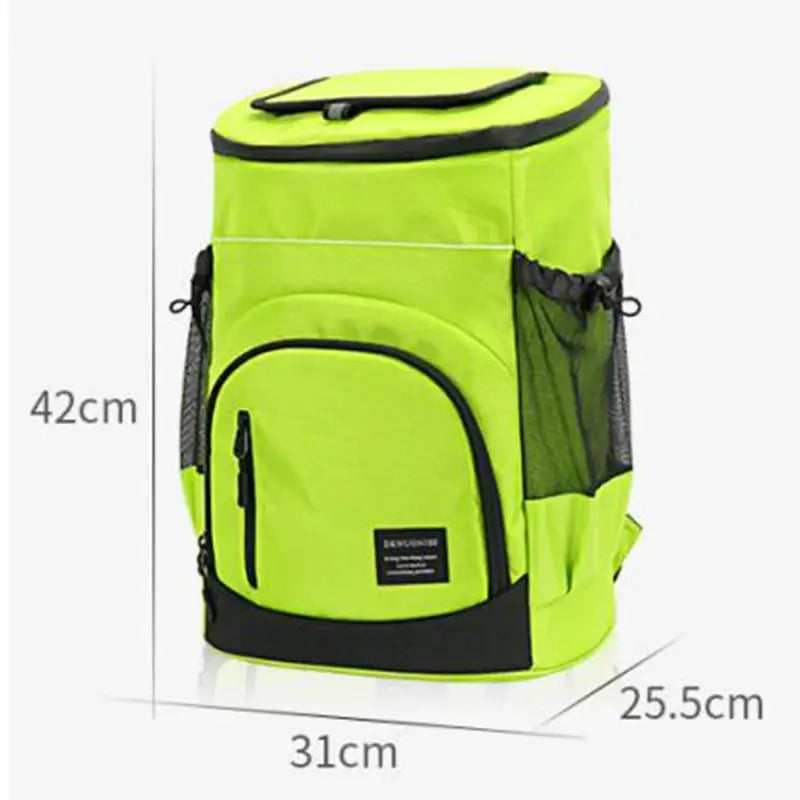 Simples Market insulated cooler backpack, neon green 30L with top handle and side mesh pockets