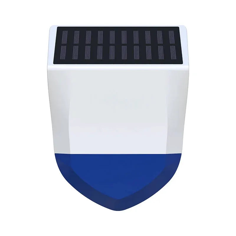 Outdoor waterproof solar siren alarm by Simples Market with top solar panel and blue shield.