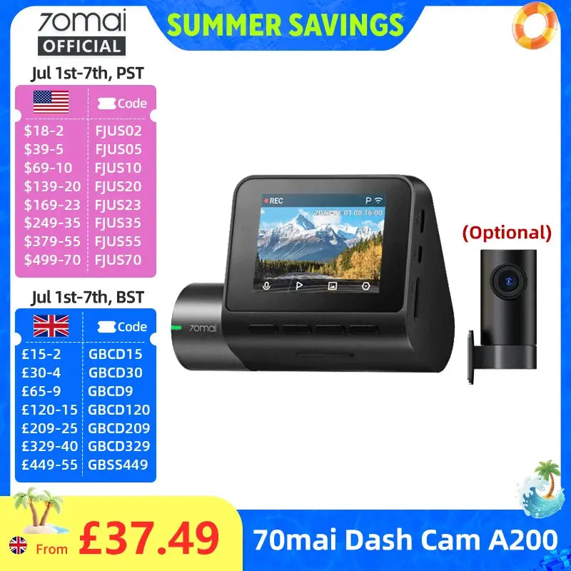 70mai Dash Cam A200 dual-channel 1080p HDR with 2-inch IPS screen, 130° FOV and WiFi app