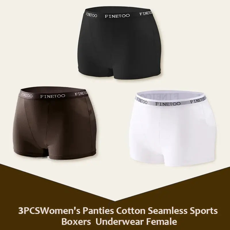 3-pack Finetoo women's cotton seamless sport boxers in black, brown, and white